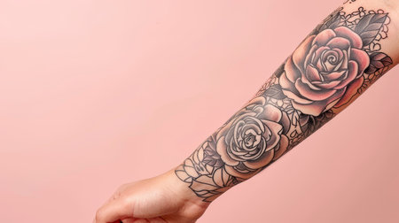 Symbolizing freedom and rebellion  delicate tattoo trend on girl s hand against beige backgroundの素材