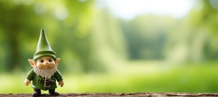 Whimsical garden gnome in lush spring forest setting with space for text on blurred backgroundの素材