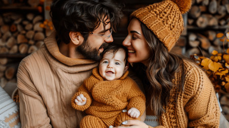 Loving family moment  parents kissing newborn baby in heartfelt close up portraitの素材