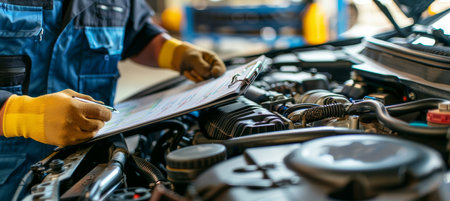 Mechanic checklist on clipboard, car insurance inspection at garage, auto service with text space.の素材