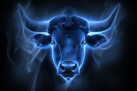 Taurus zodiac sign shining brightly with a blue aura, isolated on a captivating black backgroundの素材