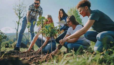 Diverse volunteers planting trees in urban park to enhance green spaces and community engagement.の素材
