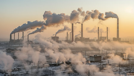 Factory smoke showing environmental consequences of industrial pollution sinking into dense smog.の素材