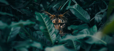 Zebra peeking through dense dark tropical jungle leaves in its natural wildlife habitat, strikingly.の素材
