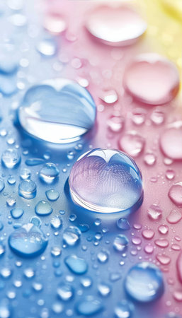Vibrant water droplets sparkling on colorful wet surface close up macro background viewの素材