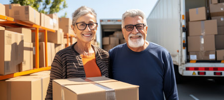 Excited senior couple holding key outside their new home, standing together with space for text.の素材