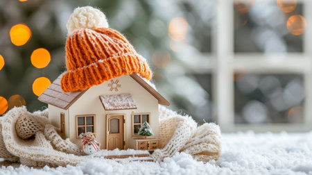 Cozy small house wrapped in knitted hat and scarf, with space for text placementの素材