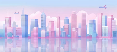 Futuristic cityscape with skyscrapers, towers, and flying vehicles in creative 3d sceneの素材