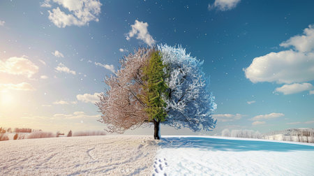 Seasonal transition  winter white and summer green tree outdoors, global warming ecology concept.の素材