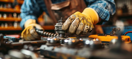 Attractive confident male auto mechanic working on a car in a professional automotive service garageの素材