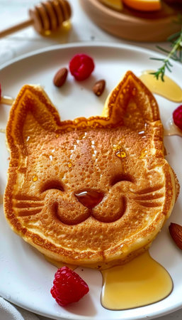 Adorable cat shaped pancake breakfast for kids with berries and honey on white plate, copy spaceの素材