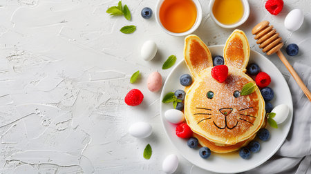 Easter bunny pancake breakfast with berries, honey, and eggs on white backgroundの素材