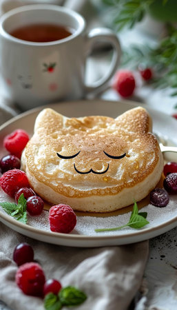 Adorable cat shaped pancake breakfast for kids with berries and honey on white plate, copy spaceの素材