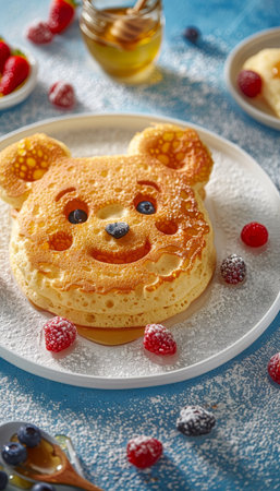 Adorable dog pancake breakfast for kids with berries and honey on white plate, copy spaceの素材