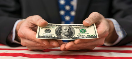 Man in suit holding dollar bills against blurred american flag backdrop with space for text.の素材