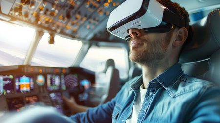 Virtual reality pilot student in aviation exam, flying simulator cockpit, controlling aircraft.の素材