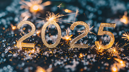 2025 new year greeting card with big golden numbers on dark background, fireworks, and golden bokeh.の素材