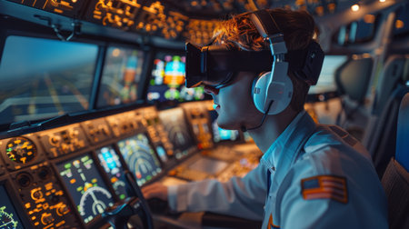 Virtual reality pilot exam in aviation school, man controls virtual aircraft in flight simulator.の素材