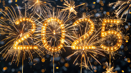 2025 new year holiday greeting card with golden numbers on dark background with fireworks and bokehの素材