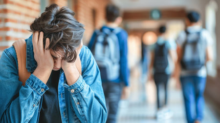 Teenage boy crying in school corridor, blurred background, text space, learning difficulties.の素材