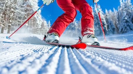 Skier close up in serene nature, surrounded by snow covered wilderness and stunning landscapesの素材