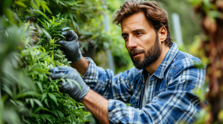 Biology scientist conducting research in vertical farming facility with natural eco plantsの素材