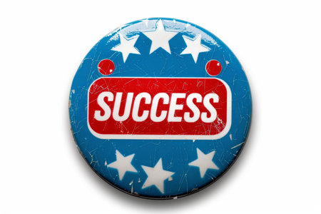 Isolated round button with the word  success  in bold letters, set against a clean white background.の素材
