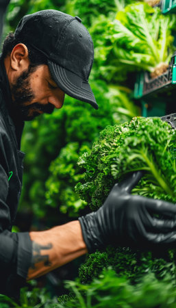 Biology scientist researching in vertical farm with diverse eco plants on racks.の素材