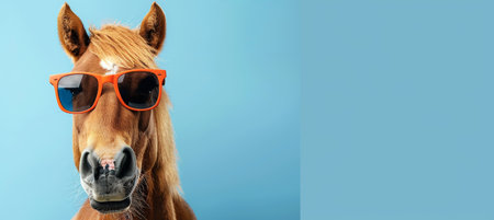 Cheerful horse in sunglasses on pastel background with text space, creating a playful and fun scene.の素材