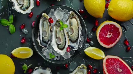 Exquisitely presented oysters dish   high resolution hyperrealistic top view close upの素材