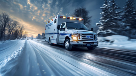 Emergency ambulance rushing through city streets with blurred motion effect for dramatic effect.の素材