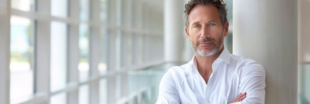 Confident businessman in casual attire, arms crossed, white office interior, copy space availableの素材