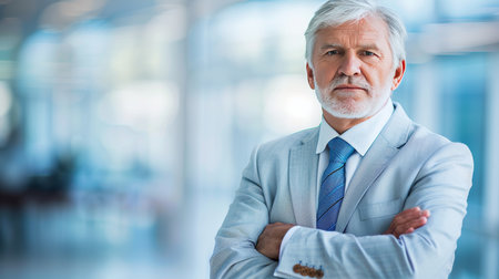 Senior businessman standing confidently in white office, blurred background with copy spaceの素材