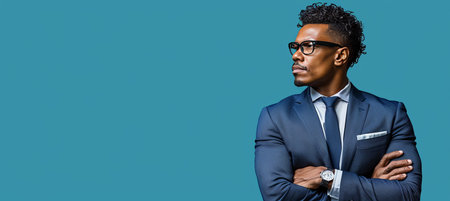 Confident european businessman in suit holding tablet on pastel background with copy spaceの素材