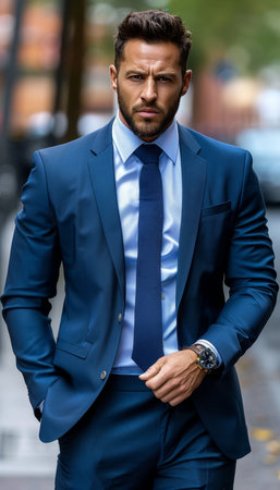 Stylish businessman portrait on blurred background, elegant fashion professional in focusの素材