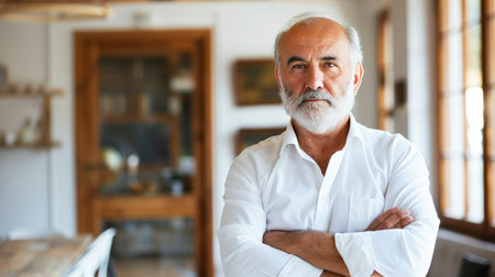 Confident senior businessman standing in white office with arms crossed, copy spaceの素材