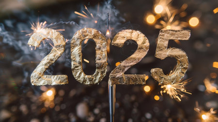 2025 golden new year holiday greeting card with fireworks and bokeh on dark backgroundの素材