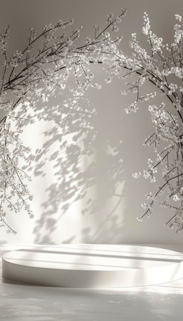 Minimalistic podium display with grey stone texture and leaf decoration for summer fashion art saleの素材