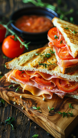 Mouthwatering triangle sandwich filled with savory ham, cheese, fresh tomato, and a side saladの素材