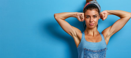 Confident american woman flexing biceps on solid background with copy space, fitness concept.の素材