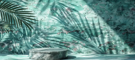 Chic green podium with stone wall, leaf decor, abstract luxury for fashion display stage.の素材