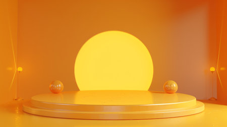 White podium on yellow background with product display spotlight in light studio stage platformの素材