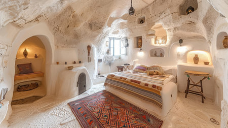 Serene white bedroom with modern wooden tables, creating a cozy and stylish interior ambianceの素材