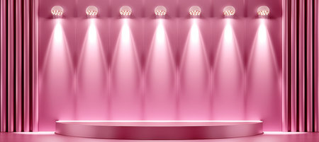 Pink stage podium with empty white platform and abstract spotlight for product displayの素材