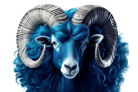Aries zodiac sign shining in blue on white background, astrology symbol concept for design.の素材