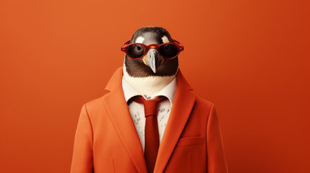 Friendly penguin in business suit at corporate workplace, studio shot with text space on plain wall.の素材