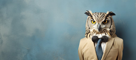 Friendly owl in business suit at corporate office, studio shot with copy space on plain wallの素材