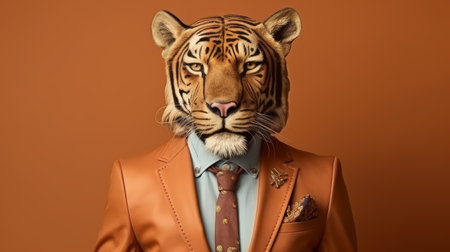 Friendly tiger in business suit pretending to work in corporate jungle, studio shot on plain wallの素材