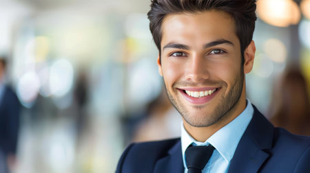Confident businessman meeting client in office, smiling with copy space, blurred backgroundの素材
