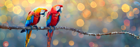Two scarlet macaws facing each other on a branch with blurred background, copy space for textの素材